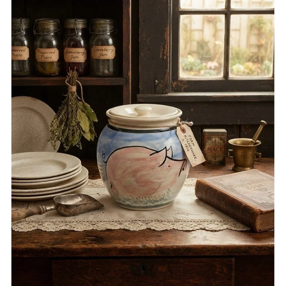 Karen Donleavy Stoneware Cookie Jar Hand Painted Pink Pig Studio Pottery 8x8